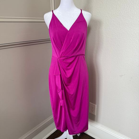 Eliza J Magenta Fuchsia Gathered Ruffle Bodycon Midi Dress Wrap Bodice Size 8 - Picture 1 of 5